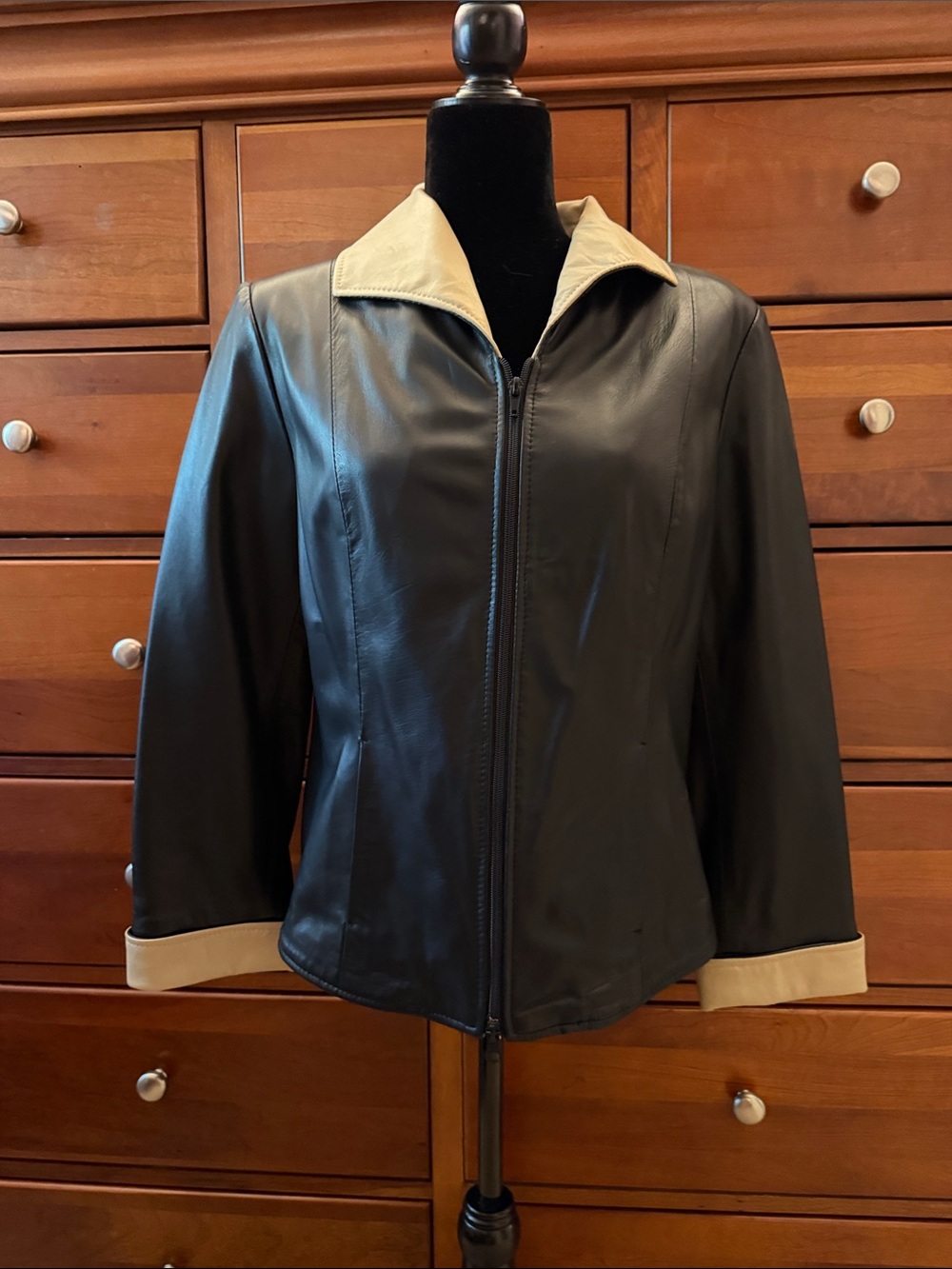 Classic Italian Black Leather Jacket with Contrast Tab Collar and Cuffs
